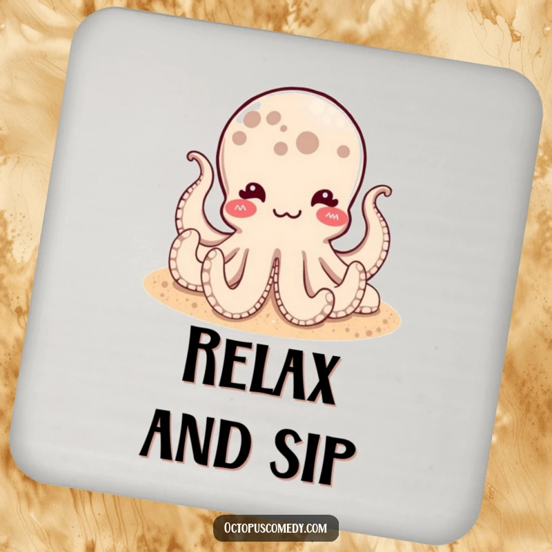 Funny drink coasters with a satisfied octopus resting on a sandy bottom, offering protection with humorous and calm vibes.