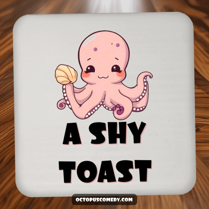 Funny drink coaster with a shy octopus offering a seashell, protecting surfaces with cute ocean-themed humor as a funny gift.