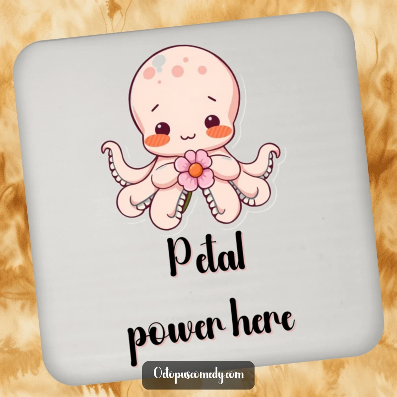 Funny shy octopus blushing with rosy cheeks, holding a flower, designed to protect surfaces as a drink coaster.