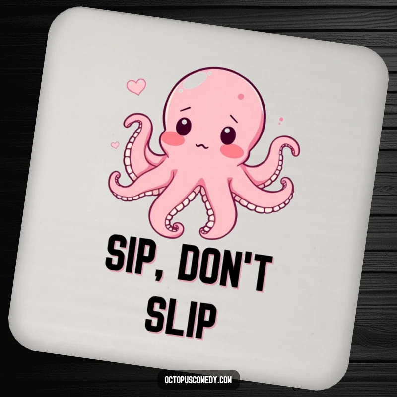 Funny drink coasters with a surprised, blushing octopus caught in a current, offering protection with humorous charm.