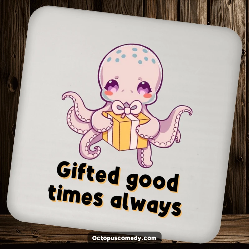 Funny Octopus Coaster: A coaster depicting a funny octopus excitedly unwrapping a small, colorful gift box.