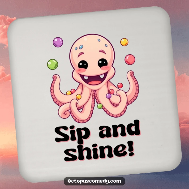 Funny octopus coaster featuring a wide grin while juggling colorful pearls, adding a humorous touch to any table.