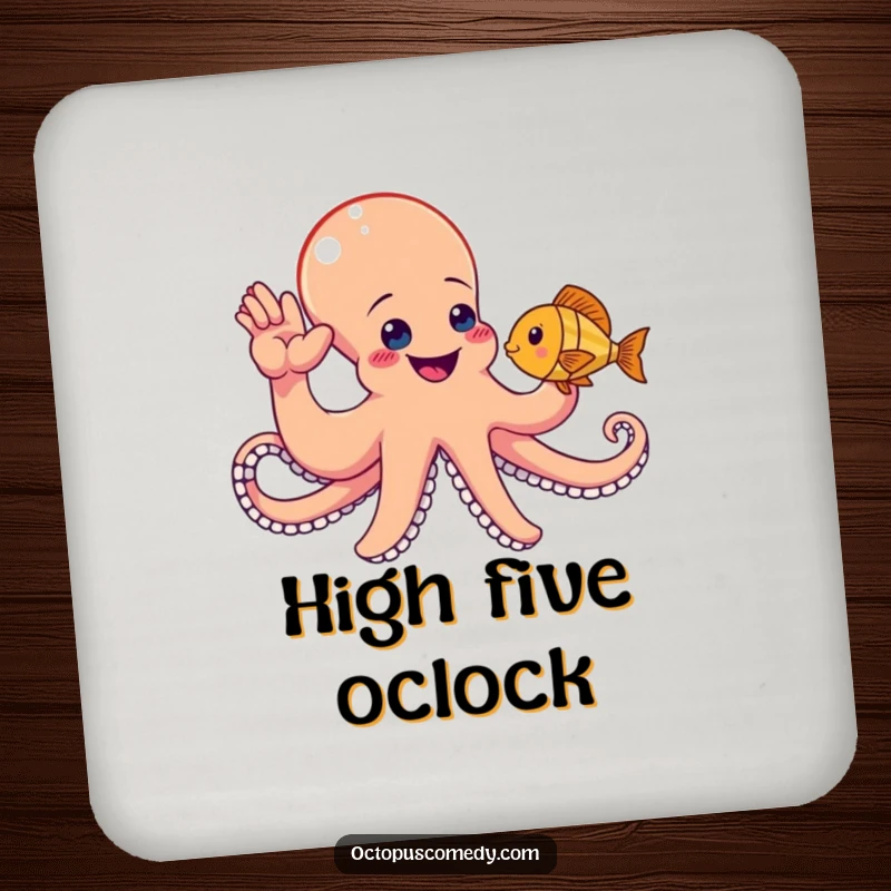 Funny octopus giving a high-five to a fish, a set of coasters bringing aquatic humor.
