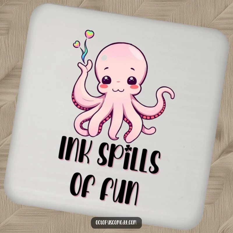 Funny Octopus Drink Coaster featuring a cephalopod enthusiastically waving a stream of iridescent ink, adding artistic flair to tabletops.