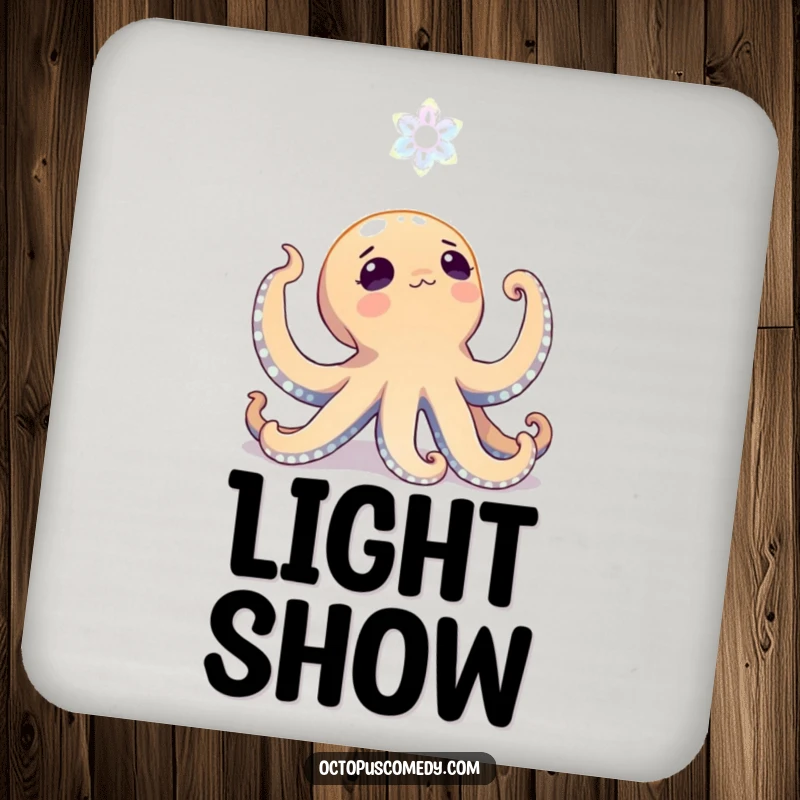 Funny octopus looking up with wonder at a bioluminescent bloom on a drink coaster, adding deep sea magic.