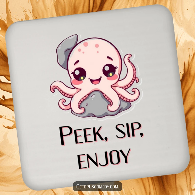 Funny Octopus Coaster: A charming coaster depicting a cute octopus character with happy eyes peeking from a rock.