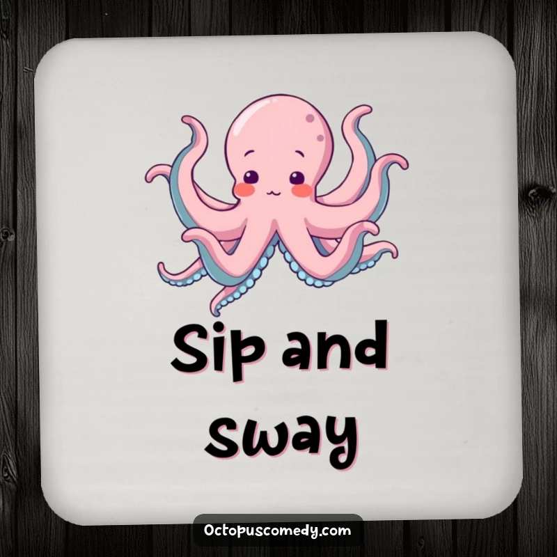 Funny Octopus Coasters depicting an octopus energetically dancing with all eight arms flailing in a silly manner.