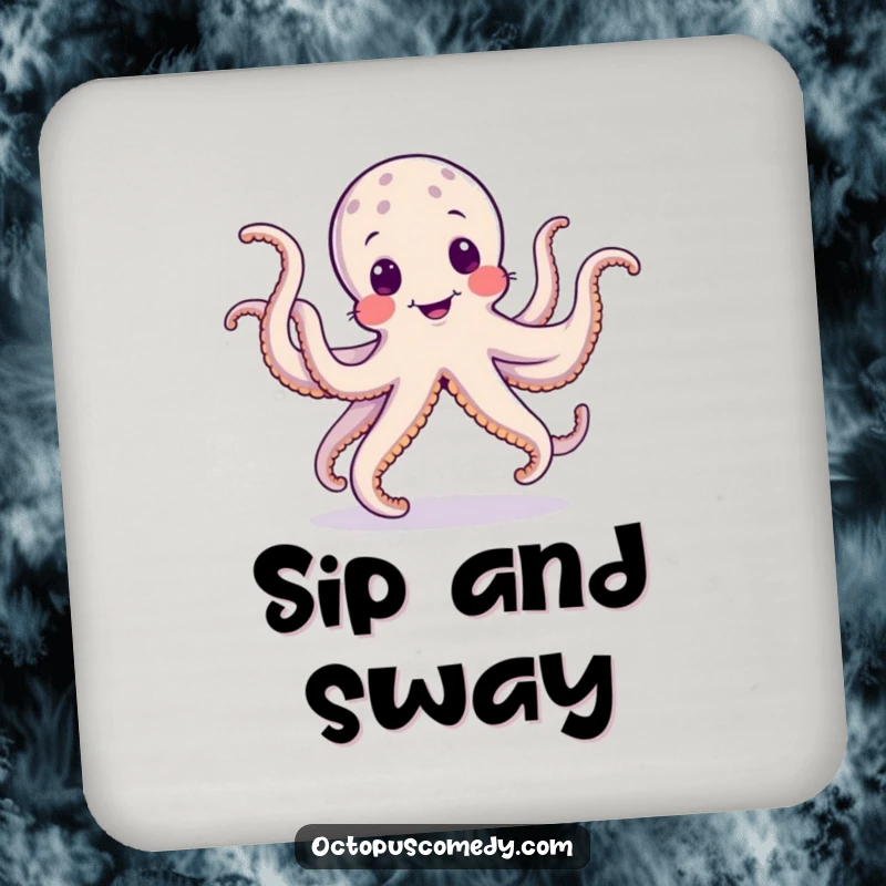 Funny drink coaster featuring a dancing octopus performing a silly jig with wobbly tentacles, offering protection and humorous flair.