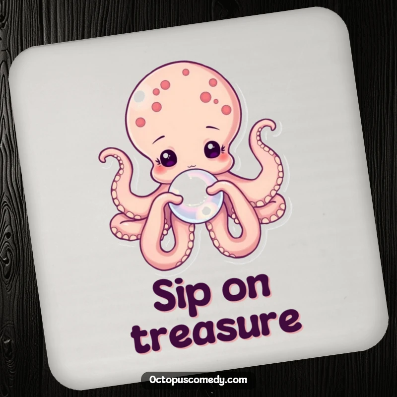 Funny octopus drink coasters featuring a gentle octopus holding a pearl, adding a touch of elegance and protection.
