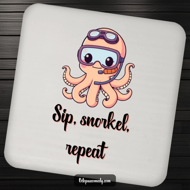 Funny kawaii octopus wearing a tiny snorkel, looking adventurous on these protective drink coasters, adding seaside charm.