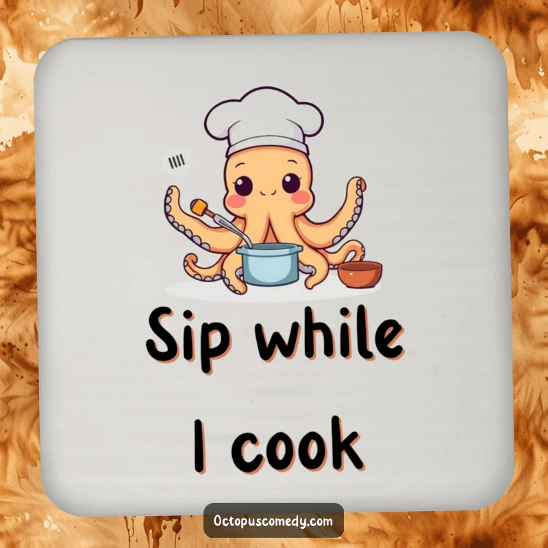 Funny drink coaster with an octopus chef wearing a hat and cooking with multiple arms, protecting surfaces with culinary humor as a funny gift.