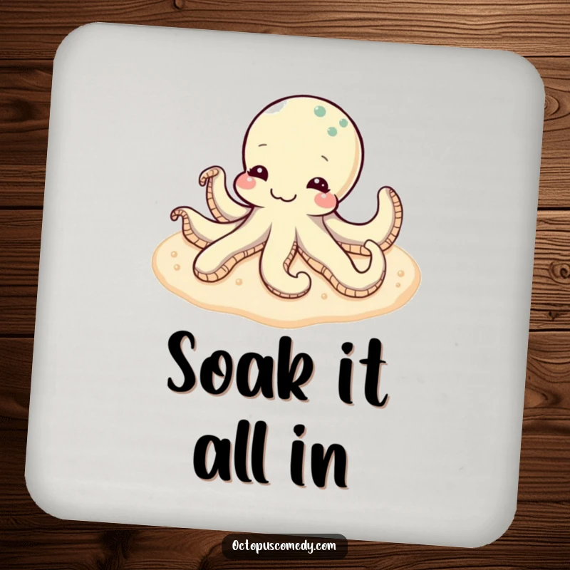 Funny content octopus relaxing on a soft, sandy seabed, designed to protect surfaces as a drink coaster.