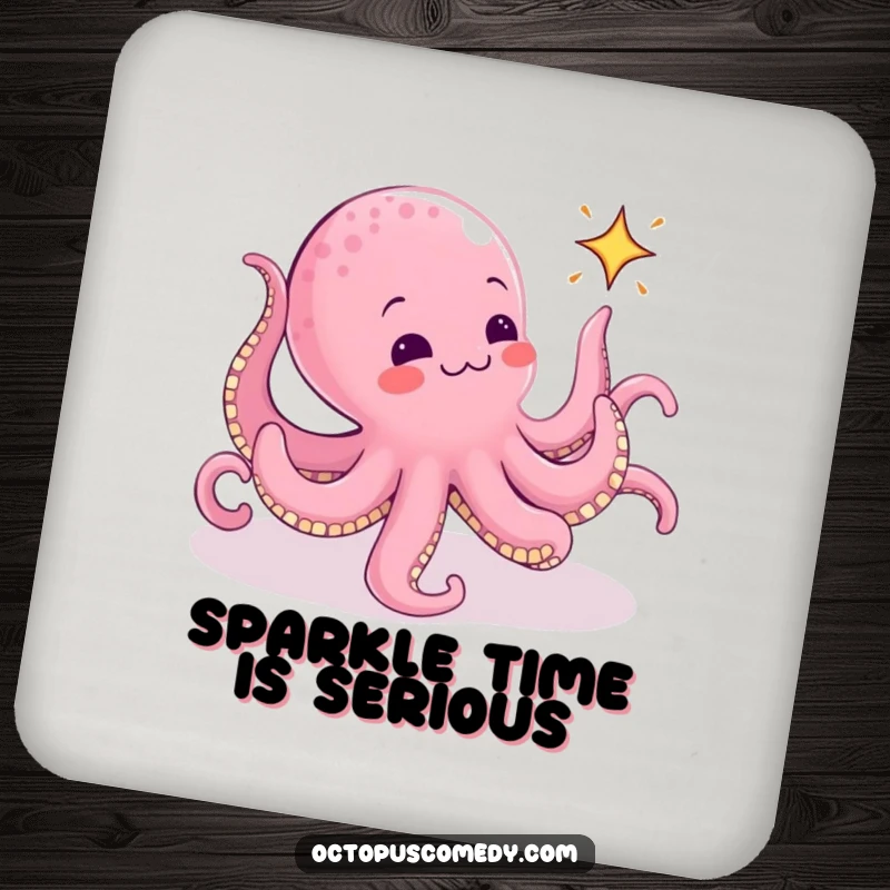 Funny Octopus Coaster: A drink coaster showing a funny octopus intently chasing a small, animated sparkle, protecting surfaces humorously.