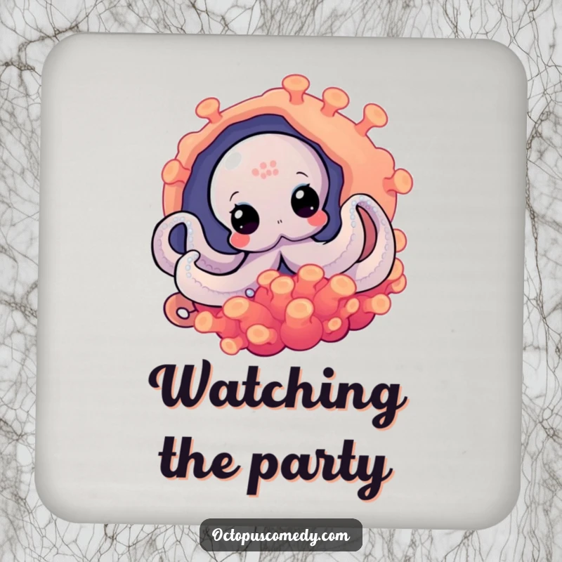 Funny octopus peeking from a vibrant anemone, a set of coasters bringing aquatic intrigue.