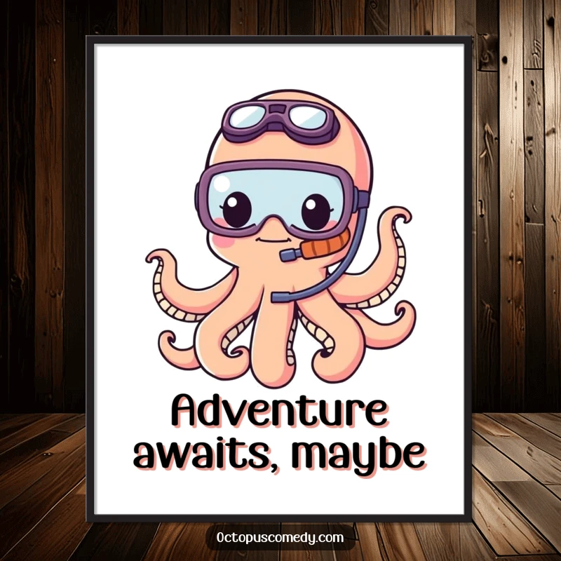 Funny kawaii octopus wearing a tiny snorkel, looking adventurous and exploring the deep blue, displayed as vibrant wall art.