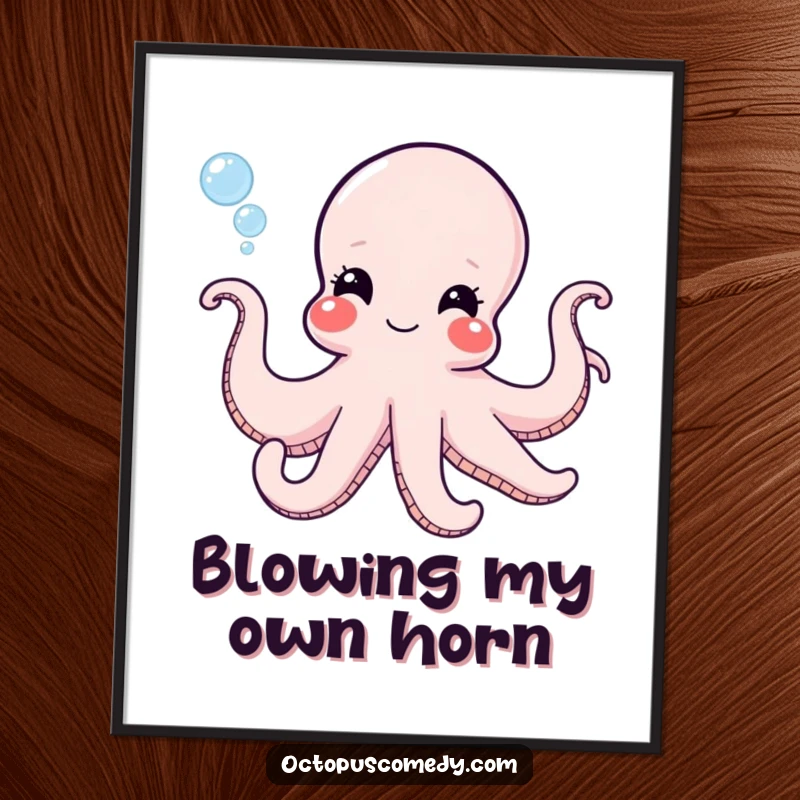 Funny octopus with a mischievous grin blowing bubbles, humorous ocean-themed poster art for vibrant wall decor.
