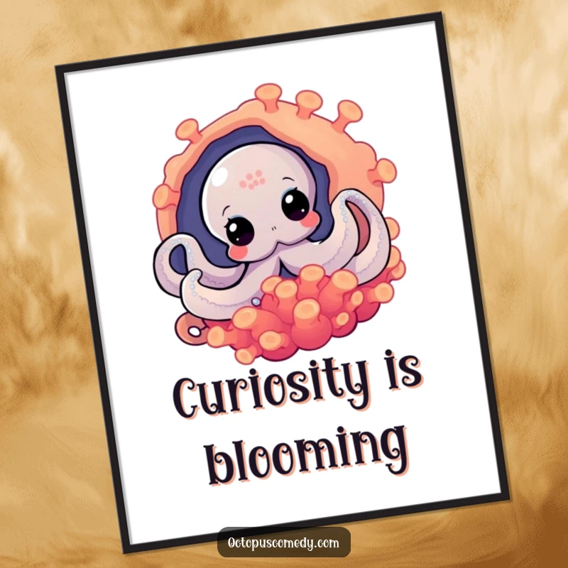 Funny octopus peeking from a vibrant anemone, a humorous poster adding mystery and charm.