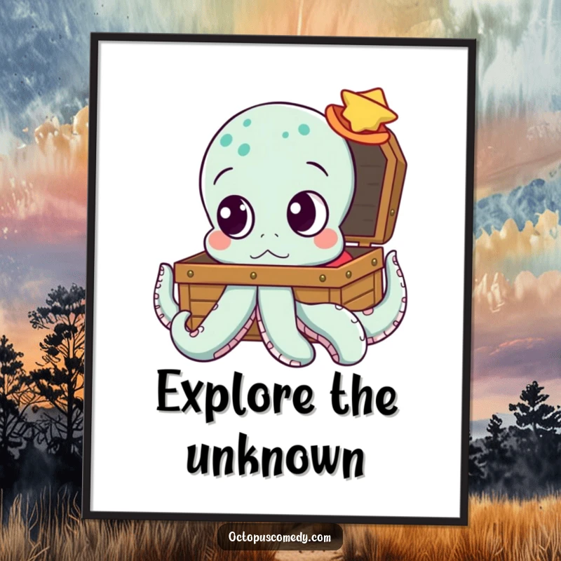 Funny poster art of an octopus with large, curious eyes fixated on an open treasure chest, evoking wonder.
