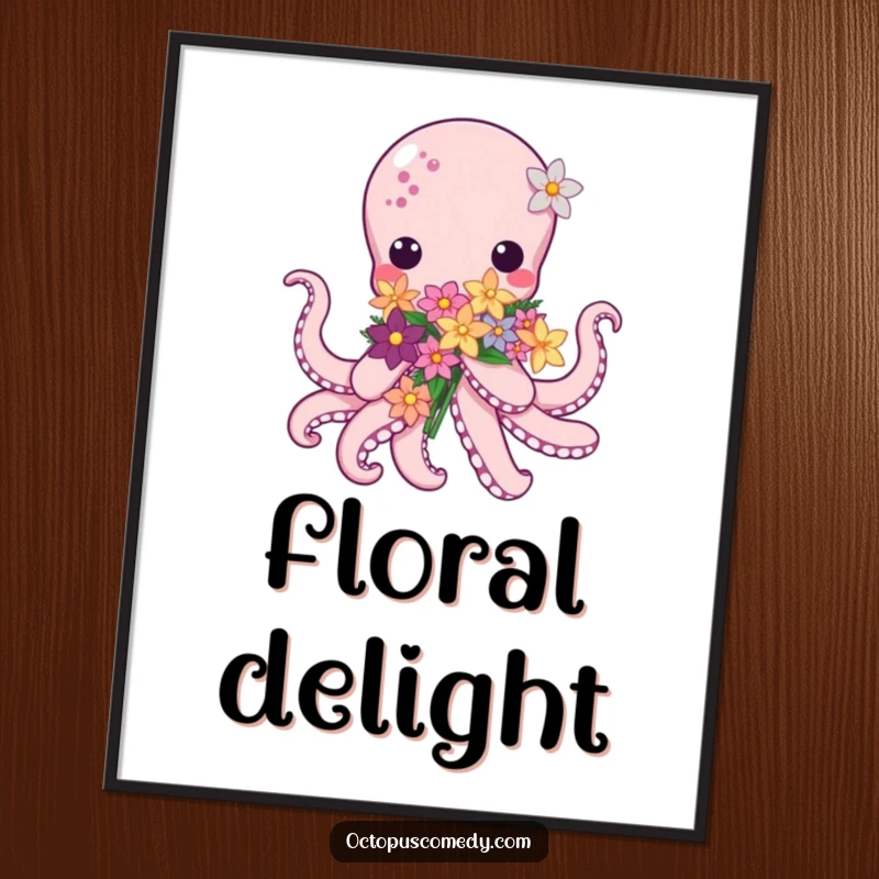Kawaii Octopus Flower Poster, featuring a super cute octopus holding a bouquet of delicate sea flowers, adding charm to walls.