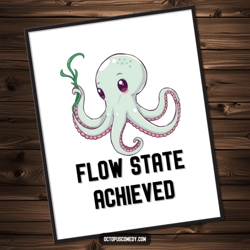 Funny Octopus Seaweed Dancer Poster: Artistic print of a funny octopus gracefully twirling seaweed like a flowing ribbon.