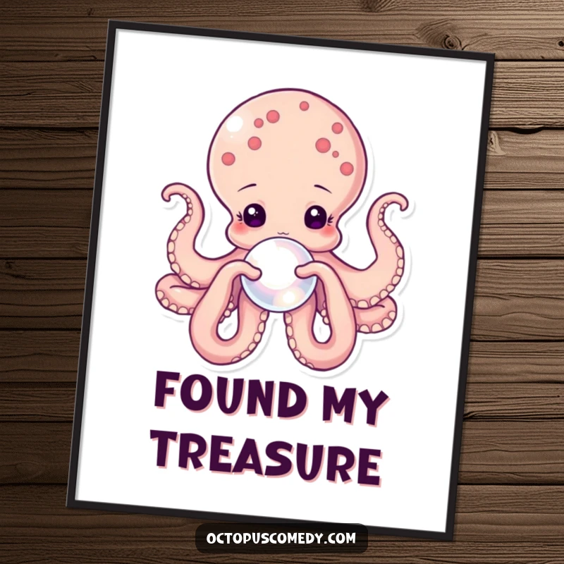 Funny octopus poster showcasing a graceful cephalopod tenderly holding a glowing pearl, creating an atmosphere of calm and elegance.