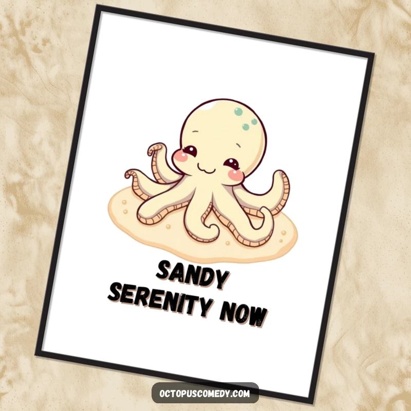 Funny content octopus resting peacefully on a soft, sandy seabed, depicted as a serene art poster print.