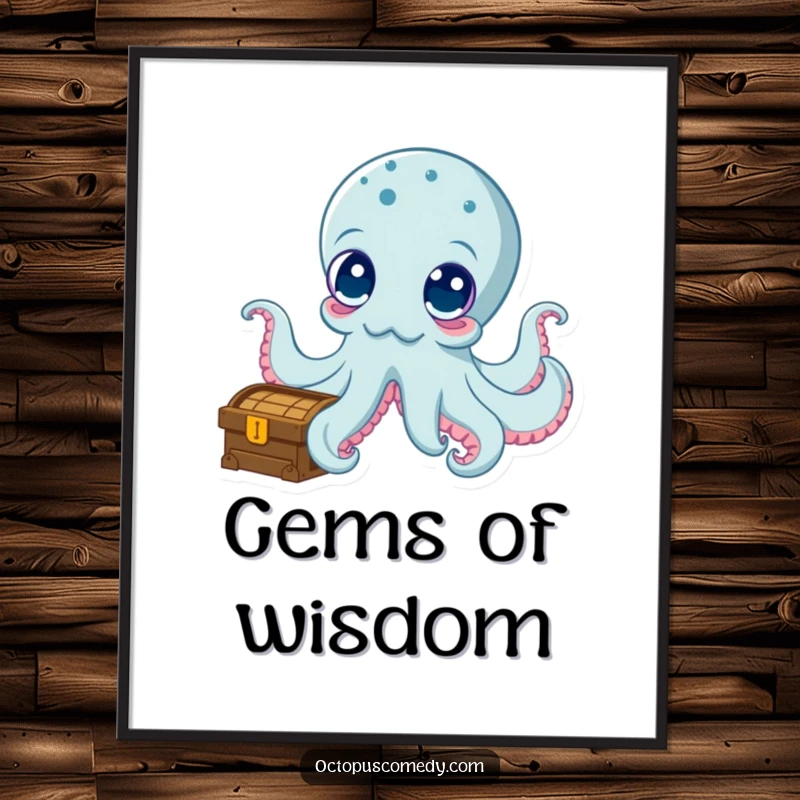 Funny poster of an octopus with large, curious eyes exploring a treasure chest, creating a whimsical and humorous visual.