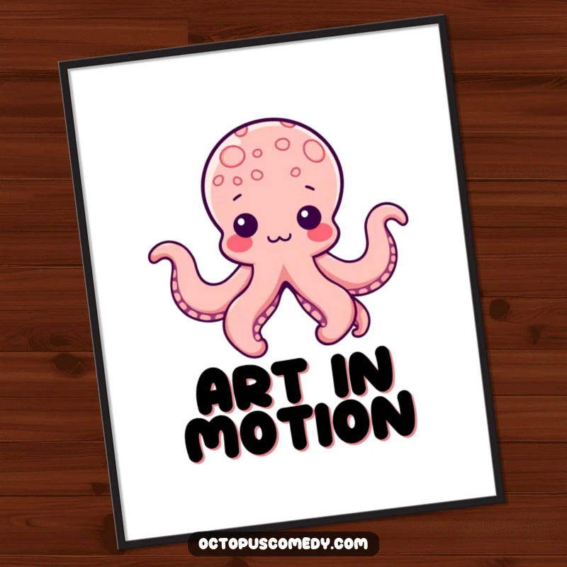 Funny Kawaii Octopus Poster illustrating a cute octopus with tentacles playfully shaped into various whimsical forms, adding artistic charm.