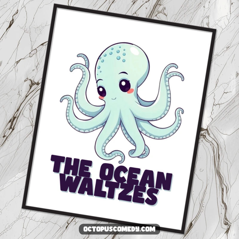 Funny octopus performing a fluid, swirling underwater dance as a beautiful and artistic poster print.