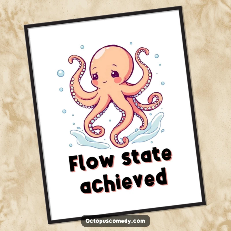 Funny octopus dancing with swirling tentacles and bubbles, a humorous poster adding energy and charm.