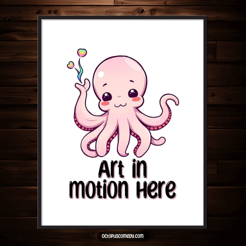 Funny Octopus Poster showcasing a cephalopod enthusiastically waving a stream of iridescent ink, adding a splash of color and creativity.