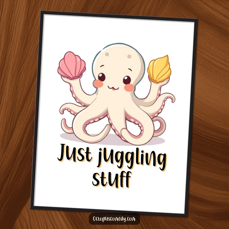 Funny octopus poster showcasing a skilled cephalopod mid-performance, juggling three colorful seashells with impressive dexterity and charm.