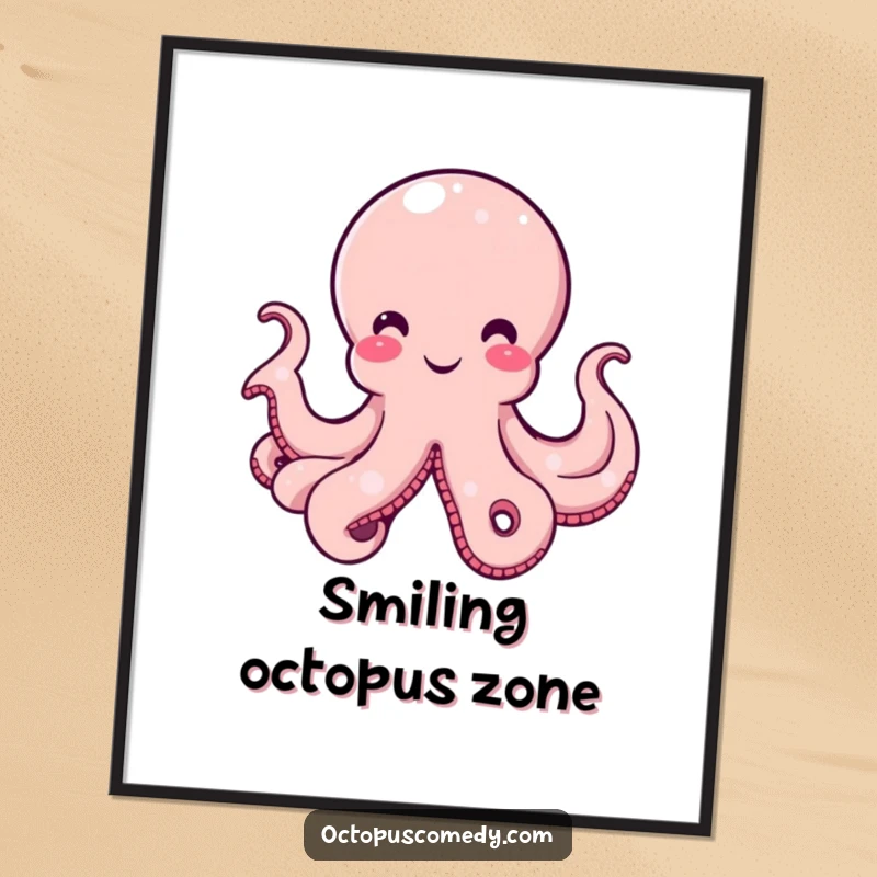 Funny Octopus Poster showcasing a smiling cephalopod with a gentle curve in its bell, radiating amusement and adding personality to any wall.