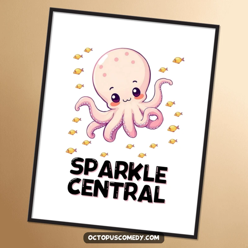 Funny octopus happily drifting through a school of small, sparkly fish on a poster, creating peaceful ocean wall art, great gift.
