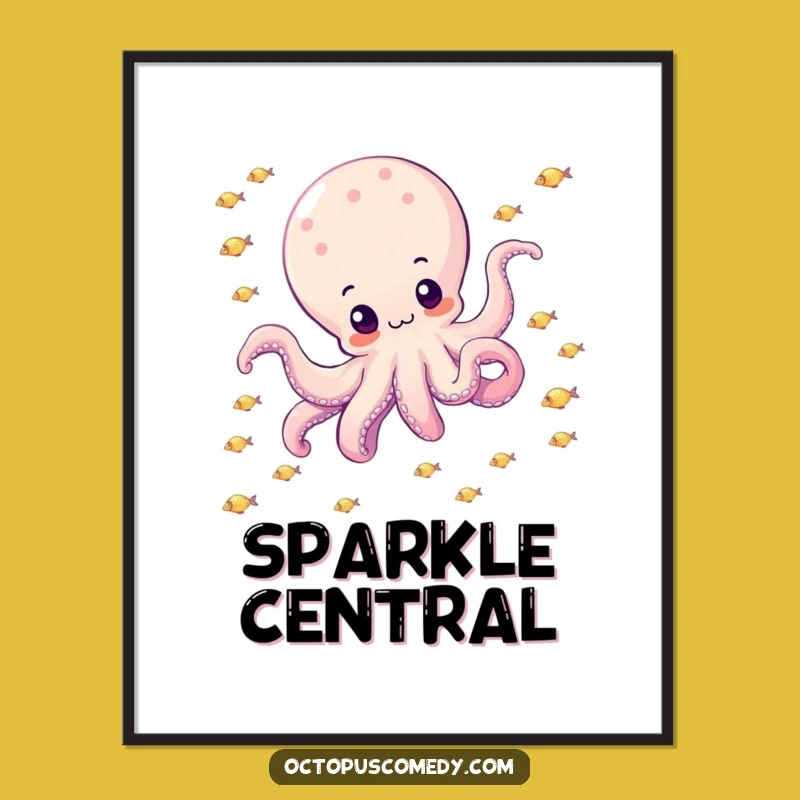 Funny Octopus Poster: Drifting with Sparkly Fish, Ocean Wall Art