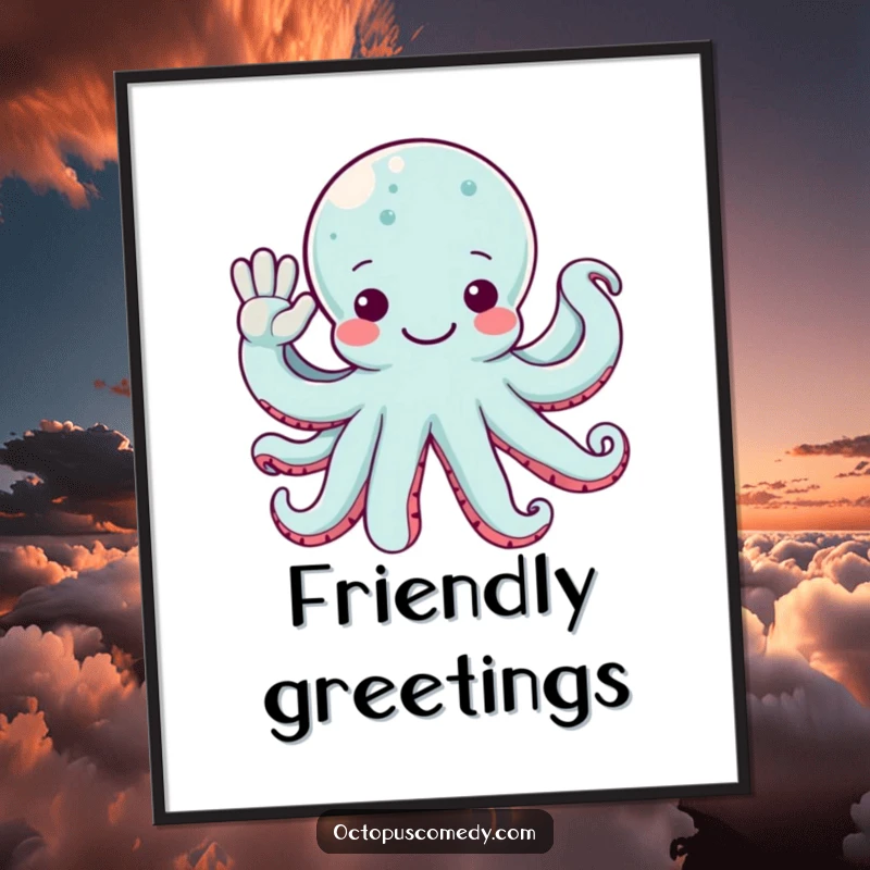 Funny octopus artwork with many arms waving a friendly greeting, creating a welcoming and cheerful poster.