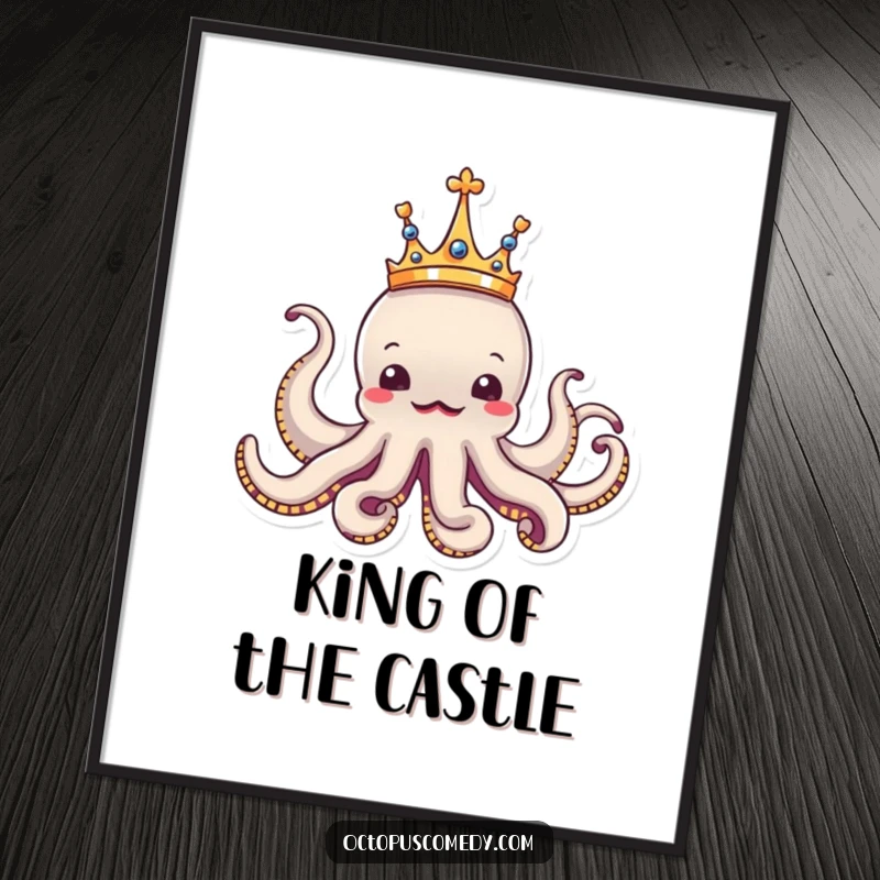 Funny octopus wearing a tiny crown, looking regal and amusing, a humorous poster for majestic decor.