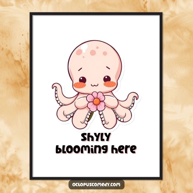 Funny shy octopus blushing with rosy cheeks, tenderly holding a single flower, displayed as a captivating art poster.