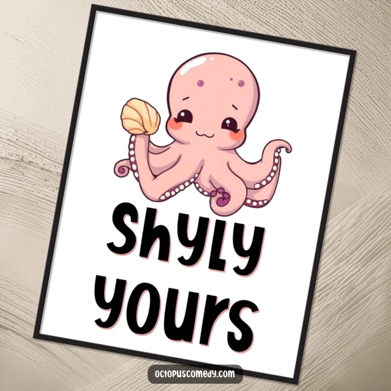 Funny poster print of a shy octopus with a seashell, adding a touch of gentle humor and ocean charm to any wall as a funny gift.