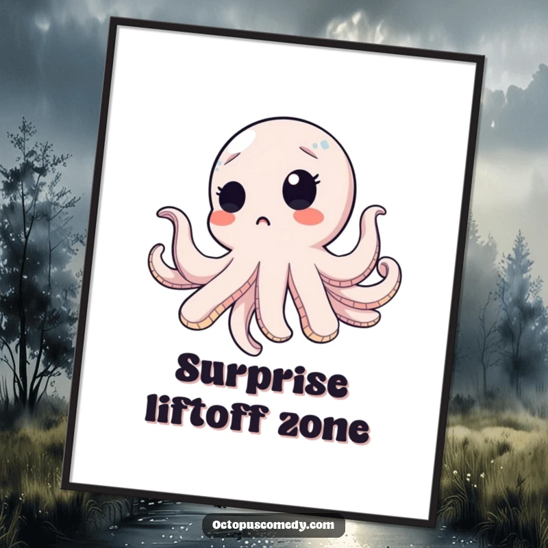 Funny octopus with a surprised blink, floating upwards as humorous wall art, capturing a moment of comical surprise.