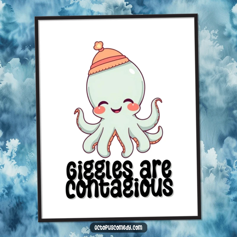 Funny octopus wearing a tiny hat and giggling with delight, humorous poster art for cheerful decor.