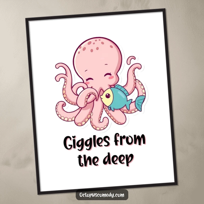 Funny octopus playfully tickling a little fish with a tentacle, creating a heartwarming and humorous scene on this art print.