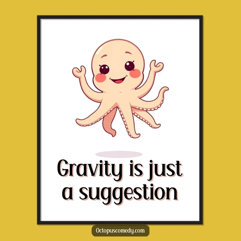 Funny Kawaii Octopus Jumping Poster, Silly Grin Wall Art Gift