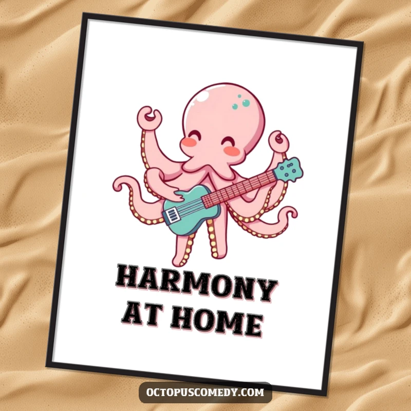 Funny poster art of an octopus with eight arms playing a musical instrument, creating a cheerful and harmonious visual.