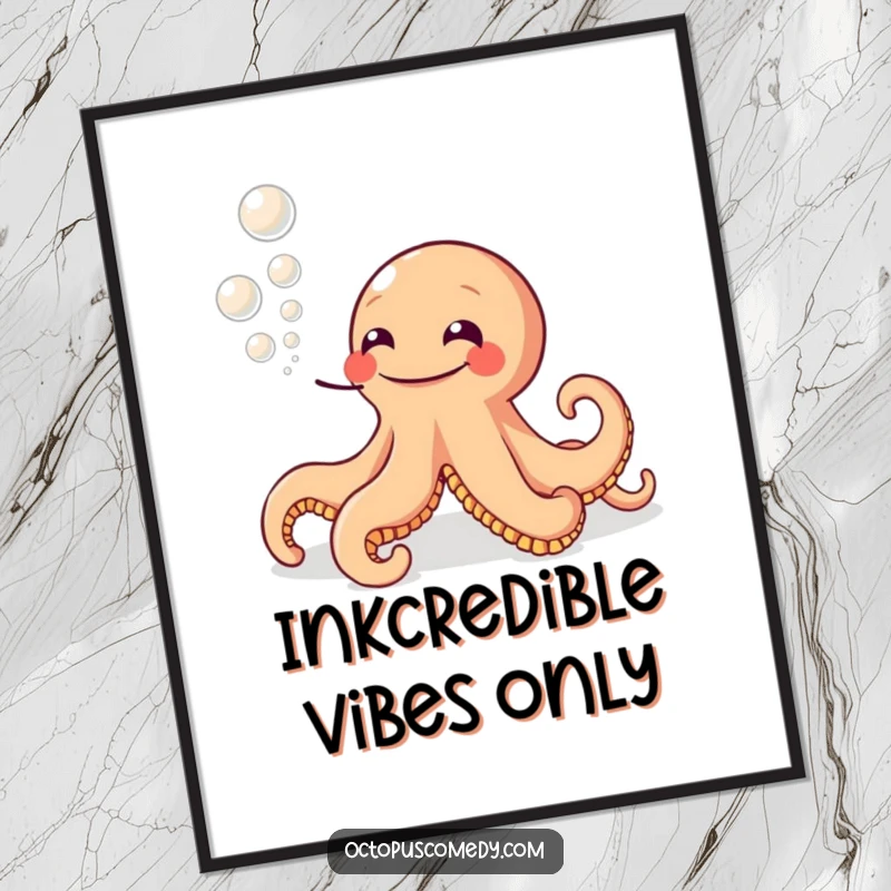 Funny poster art of a wide-grinning octopus blowing a trail of ink bubbles, adding humorous and joyful decor.