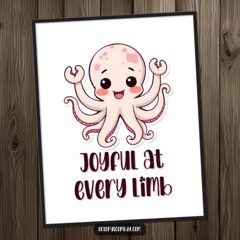 Funny kawaii octopus with many waving tentacles, expressing extreme joy, a cheerful and humorous art print.