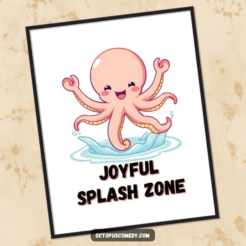 Funny bouncy octopus leaping joyfully out of the water, depicted as an energetic and fun poster print.