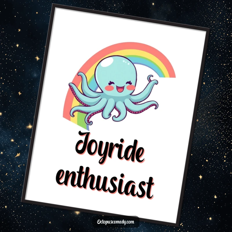 Funny poster print of a joyful octopus sliding down a vibrant rainbow, perfect for magical wall decor and as a funny gift.