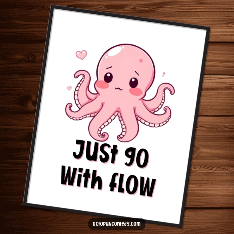 Funny poster art of a surprised octopus blushing vividly while adrift in a gentle current, a humorous and charming piece.