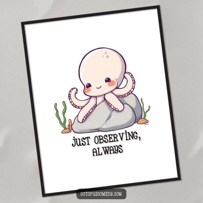 Funny Octopus Poster: A shy octopus with a sweet smile peeking from behind a colorful ocean rock, evoking curiosity and wonder.